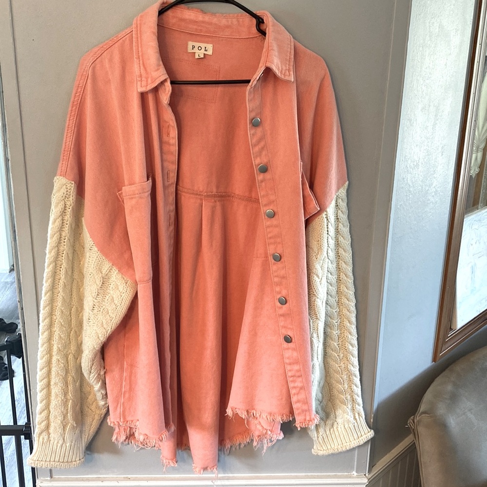 Oversized denim/cable knit shacket